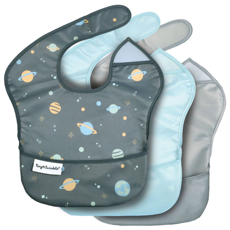 Tiny Twinkle Mess Proof Baby Bibs for Eating - Waterproof, Wipeable Toddler Bibs with Pocket - Baby Food Bibs for Girls & Boys(3 Pack, Space) - Image 1